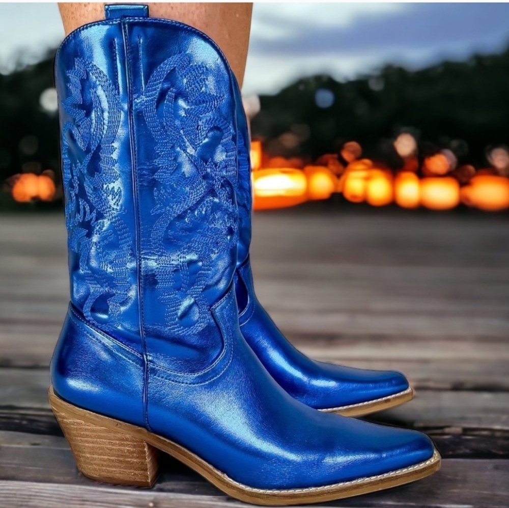 Beast Fashion Adela Metallic Blue Mid Calf Western Heeled Cowboy Boot
